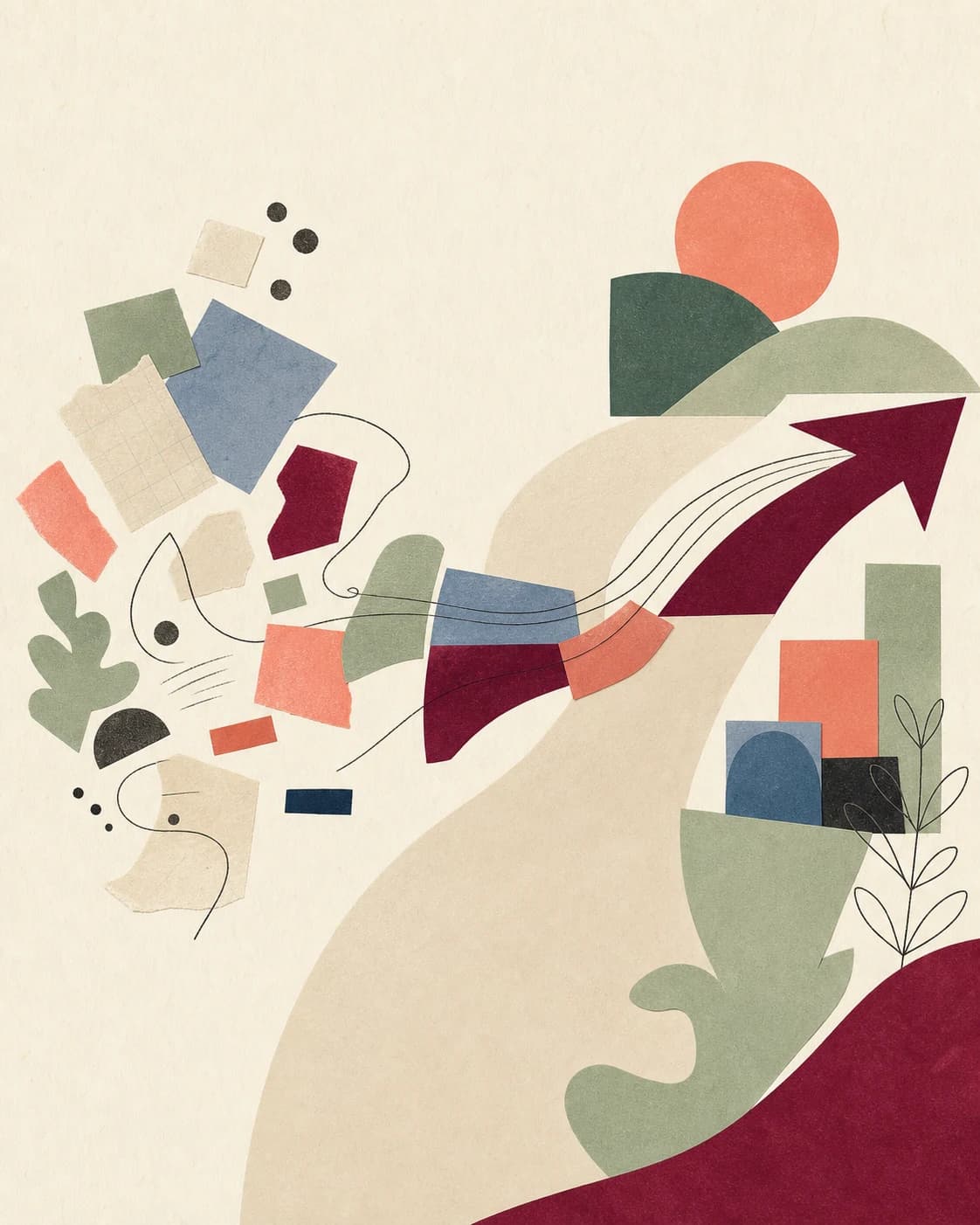 Abstract shapes moving from scattered tasks into one clear direction.